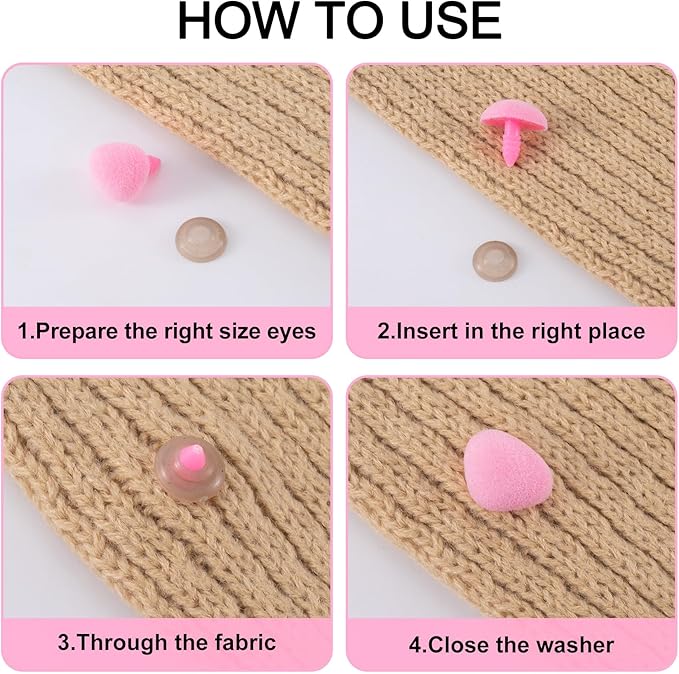 CustomyLife 32pcs Safety Noses for Amigurumi, 11/15/17/18mm Plastic Doll Noses for Crochet, Flocking Teddy Bear Noses Stuffed with Washers for Craft Puppet Plush Toy Accessories- Pink