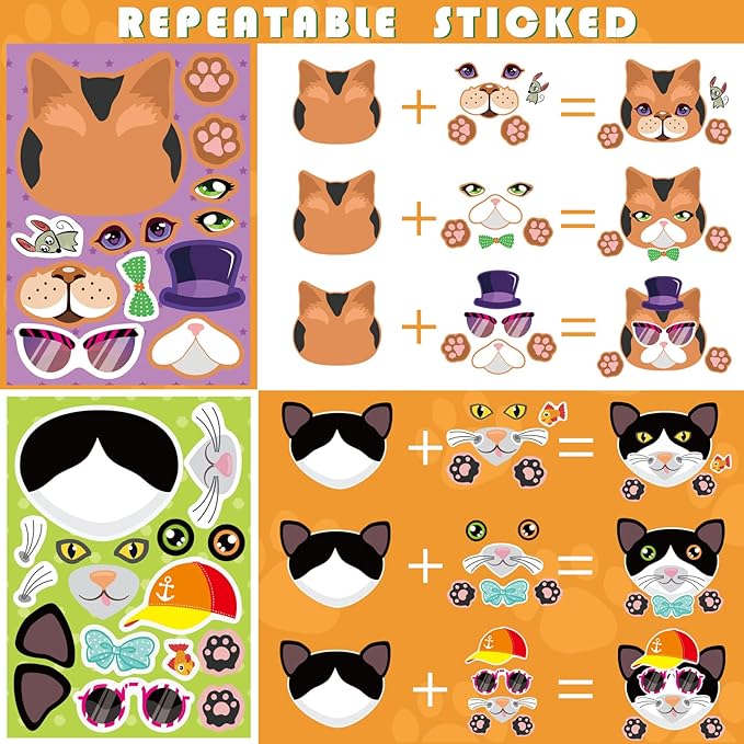 48 sheets cat stickers,make a face stickers for kids, make your own cat sticker, animal sticker for kids 3-5, brithday gift party favors, teacher reward classroom games craft