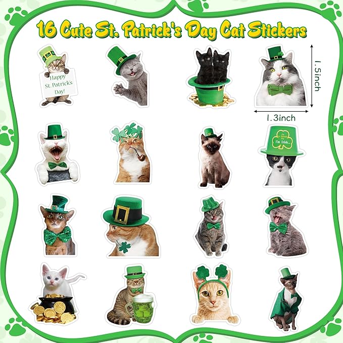 h1vojoxo st. patrick's day cat stickers - 1000pcs irish shamrock holiday cat stickers for kids 16 designs st. patrick's cute cat realistic sticker for craft st. patrick funny cat stickers for envelope