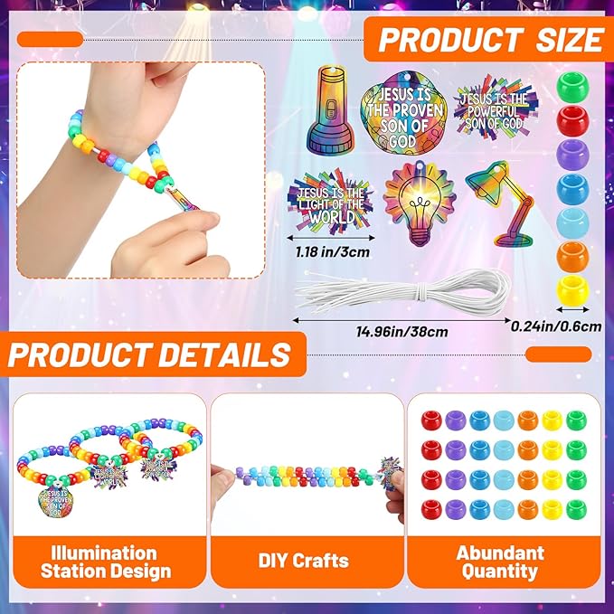 Tondiamo 24 Sets VBS 2026 Bracelet Crafts Kits Illumination Theme Bracelet Making Kit DIY Light Bulb Rainbow Bead Wristband Charms for Vacation Bible School Jewelry Making Supplies