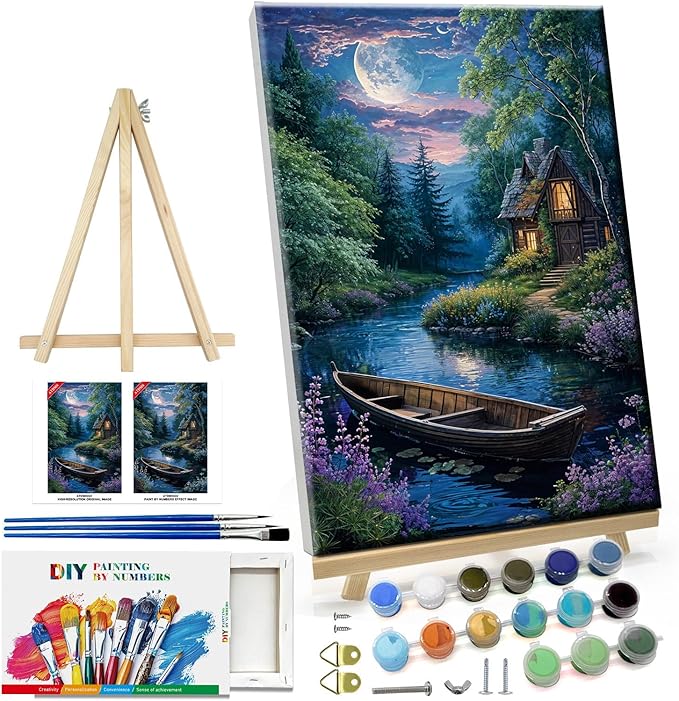 ATDMS Landscape Paint by Numbers Kit for Adult with Easel DIY Cabin Paint by Number with Frame Lake House Digital Oil Painting Kits for Wall Hanging Home Room Decor 7.87x11.81 Inch