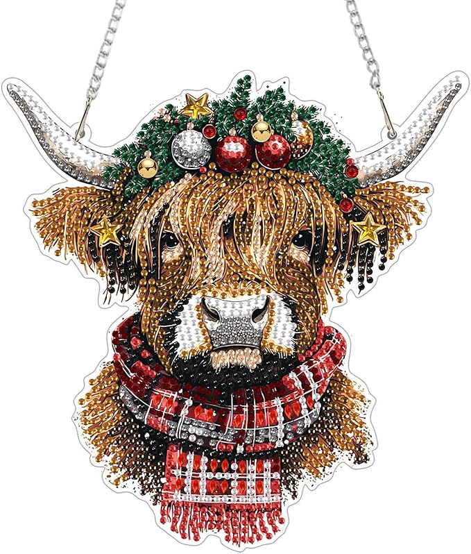Genius maker Christmas Diamond Art Hanging Kits for Adults, Cow Diamond Painting Pendant Kits, DIY Acrylic 5D Special Shaped Crystal Diamonds Gem Art Painting Ornament for Home Wall Decor Gift