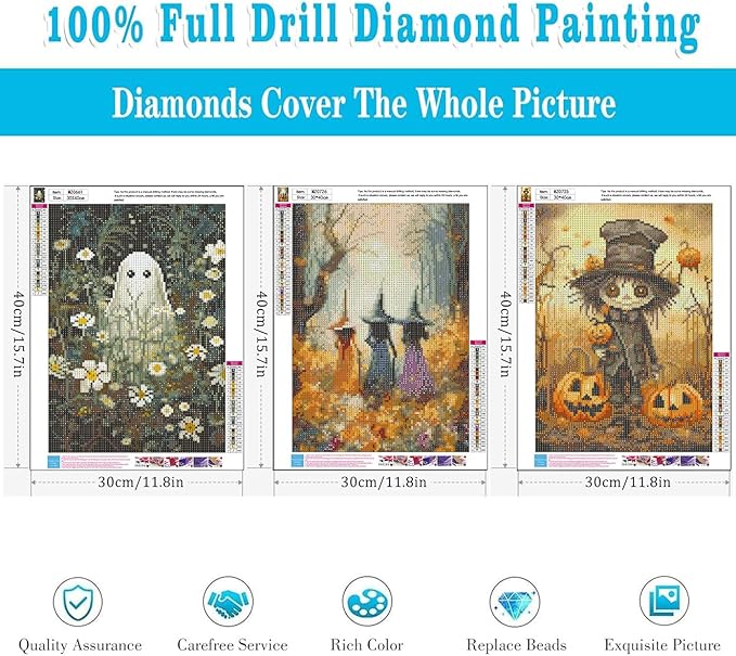 Meothan Halloween Diamond Art Kits for Adults - 3 Pack Ghost Witch Diamond Painting Kits for Adults, 5D DIY Round Full Drill Gem Art Paint by Diamonds Dots Crafts Kits for Home Decor Gift 12x16inch