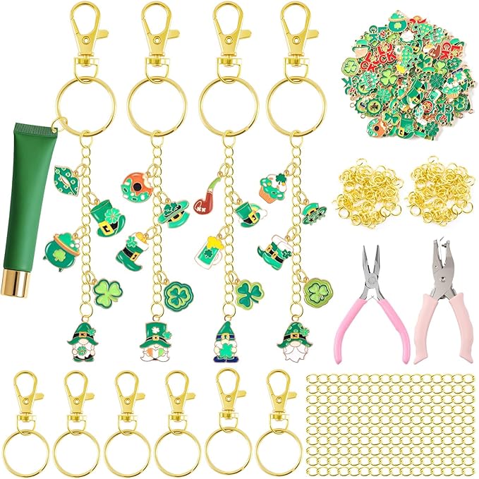 PYURTHITY 254 Pcs St Patrick's Day Charms Lip Gloss Keychain Making Kit Include St Patrick's Day Enamel Charms Keychain Clips Extender Chains Jump Ring Plier DIY Jewelry Crafts Gifts for Women Adults