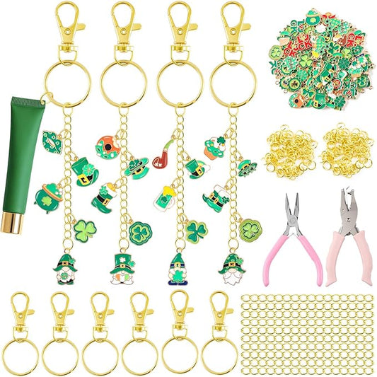 PYURTHITY 254 Pcs St Patrick's Day Charms Lip Gloss Keychain Making Kit Include St Patrick's Day Enamel Charms Keychain Clips Extender Chains Jump Ring Plier DIY Jewelry Crafts Gifts for Women Adults