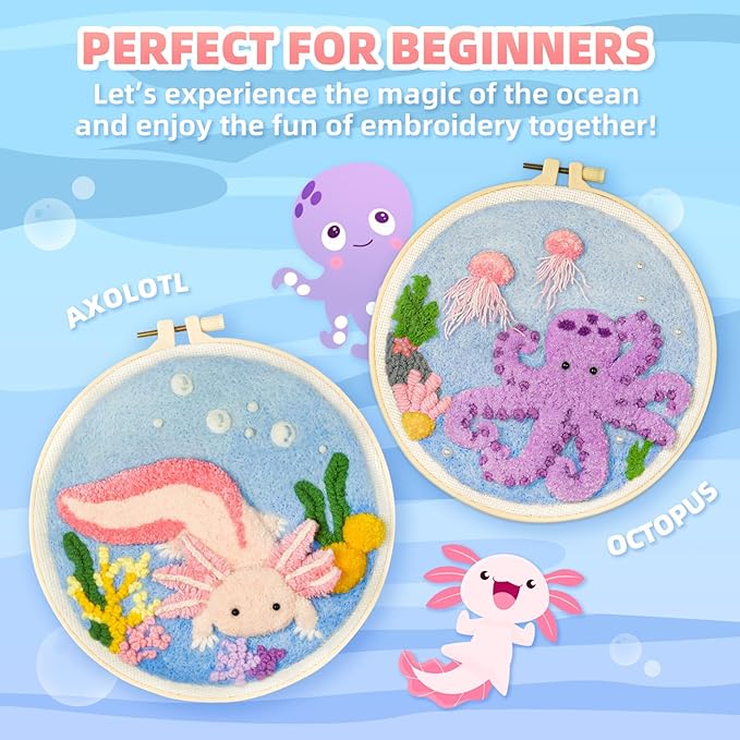 Punch Needle Kits Adults Beginner,Punch Needle kit for Beginners, Embroidery kit for Beginners,Includes All Tools and Materials,Easy to Follow Instructions and Videos-(Axolotl+Octopus)