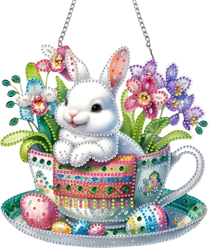 STGLCR Easter Egg Diamond Art Hanging Kit for Adult, DIY Acrylic Rabbit Diamonds Painting Ornament Pendant Board Kit Flower Diamond Painting Window Pendants Home Garden Wall Hanging Kits Ornament