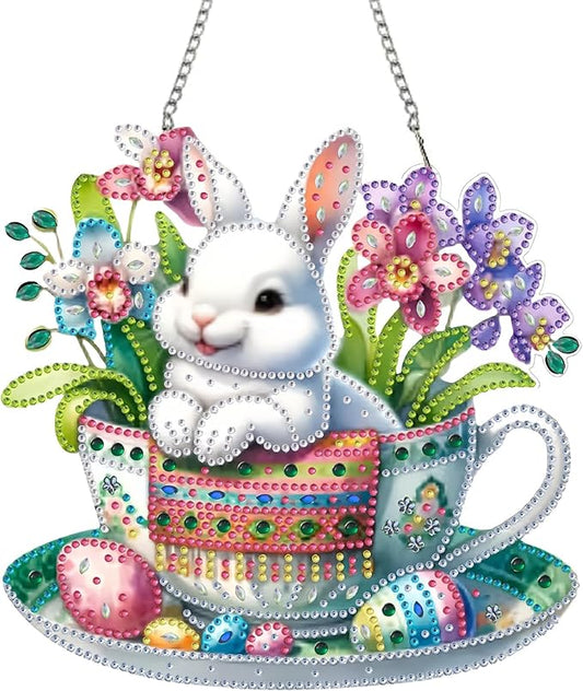 STGLCR Easter Egg Diamond Art Hanging Kit for Adult, DIY Acrylic Rabbit Diamonds Painting Ornament Pendant Board Kit Flower Diamond Painting Window Pendants Home Garden Wall Hanging Kits Ornament