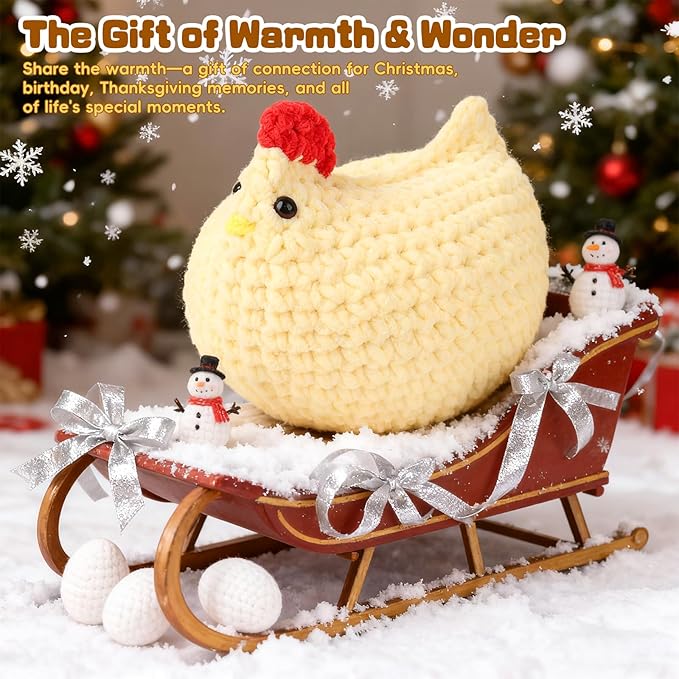 Coopay Crochet Kit for Beginners, Egg-Laying Mama Hen, Easy Chicken Crochet Kit with Step-by-Step Video Tutorial, Cute Crochet Animals Kit for Adults, Easter Gifts, Chenille Yarn, 1 Chicken+3 Eggs