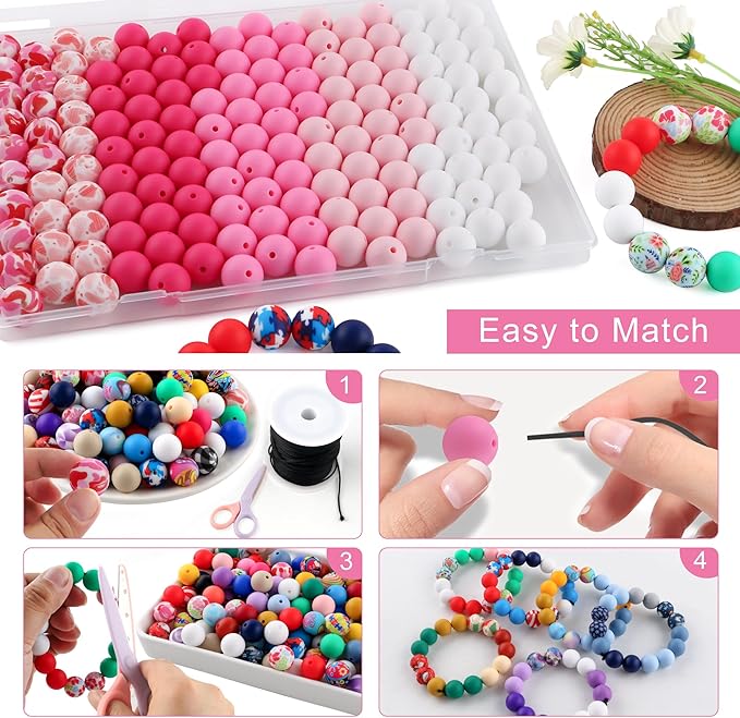 150Pcs Mixed Color 15mm Silicone Beads for Keychain Making, White Pink Print Silicone Beads for Pens and Bracelet Jewelry Making