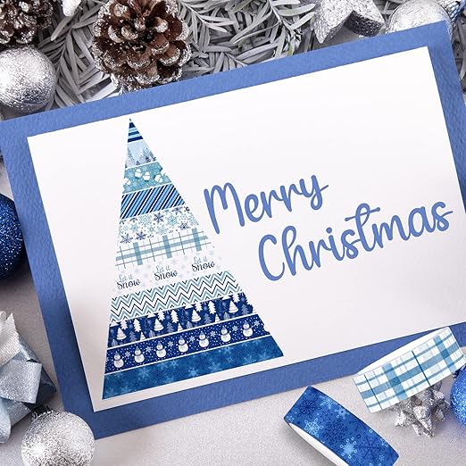 Whaline 12 Rolls Winter Washi Tape Blue White Snowflake Snowman Holiday Masking Tape Xmas Tree Reindeer Assorted Pattern Washi Tape for Scrapbook Journal DIY Craft Gift Wrapping Party Decor