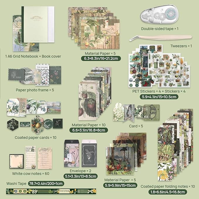 Scrapbook Photo Album Supplies Kit with Tweezers and Glue Tape, Green Aesthetic Vintage Junk Journal Scrapbooking Paper, Sticker Pack, Notebook Craft Supplies, DIY Gift for Adult Men Women (Wild Dome)