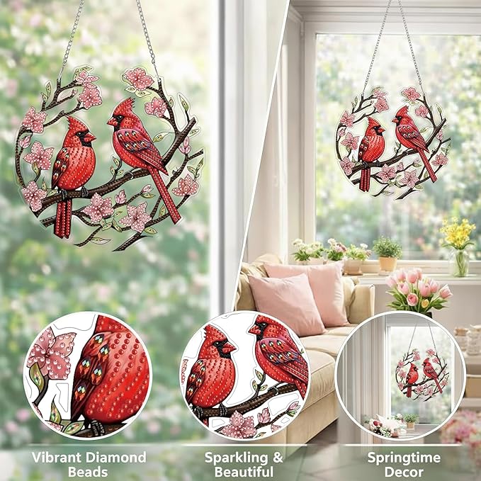 DIY Hanging Diamond Pendant Special Shaped Crystal Diamond Art Painting Ornament Single Sided for Window Home Garden Wall Door Decor (Large-Cardinal)