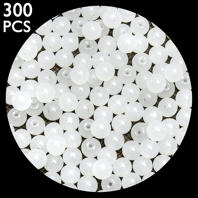 300PCs 6mm White Jade Glass Beads Bulk, Round Smooth Hole Glass Crystal Beads for Jewelry Making, DIY Bracelets, Necklaces, Bag Charms, Keychains and Craft Projects