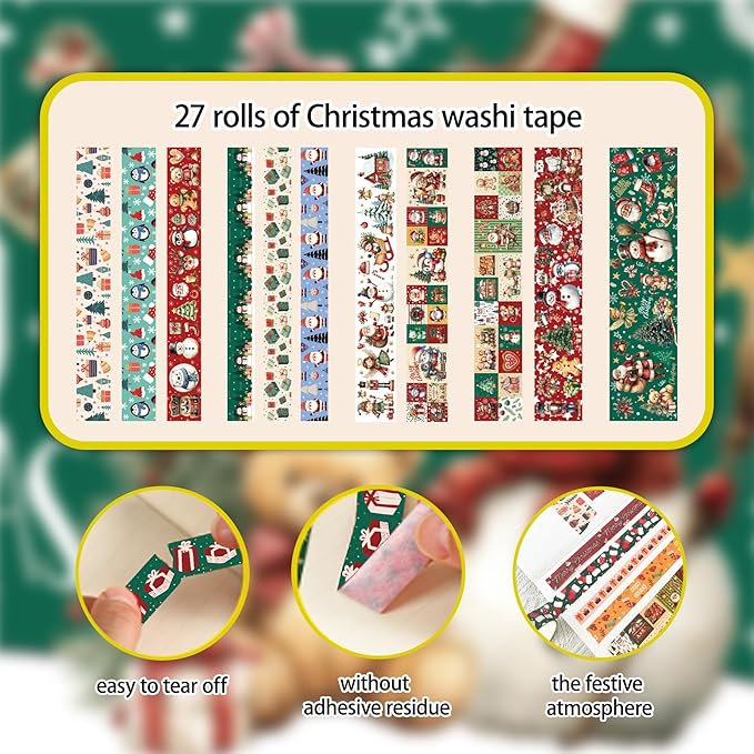 27 Rolls Christmas Vintage Washi Tape Set - Retro Holiday Decorative Tapes with Snowman, Santa, Christmas Tree Designs - DIY Craft Supplies for Scrapbooking, Journaling, Gift Wrapping
