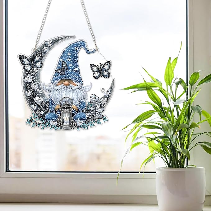 NAIMOER DIY Hanging Diamond Art Kits for Adults, Gnome Diamond Painting Kits, Special Shaped Rhinestone, Acrylic 5D Gem Art Craft Window Pendants Home Garden Wall Hanging Ornament Kits