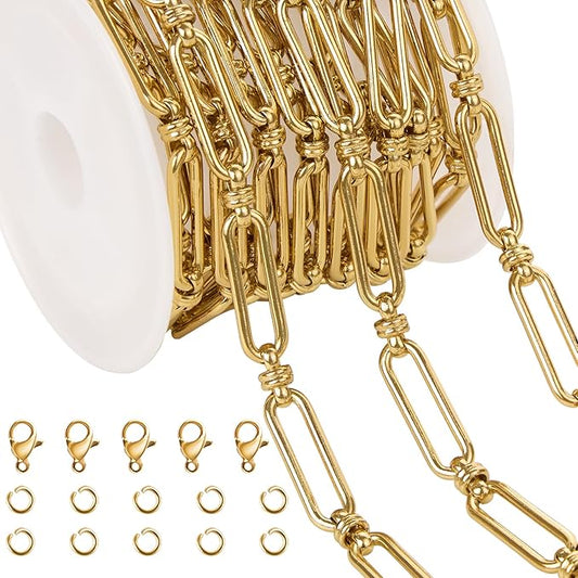 Jabogrii 6.5 Feet Gold Stainless Steel Chain for Jewelry Making Craft Paperclip Jewelry Making Chains Roll with Lobster Clasps and Open Jump Rings