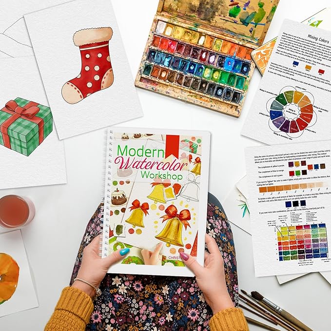 Watercolor Workbook, Watercolor Workbook Paint Book Beginner Friendly, 12 Different Patterns Stress-Relieving Art Crafts for Creative Exploration Gift for Women Adults Teens (Christmas, 1)