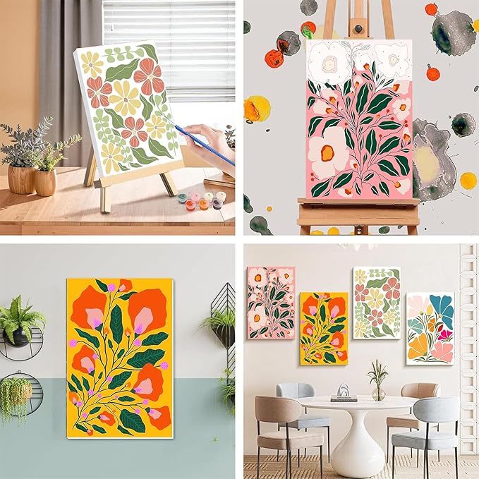 4 Pack Paint by Numbers for Adults with Framed Canvas - with Wooden Easel, Easy Flower Paint by Number for Beginners, Flowers Acrylic Oil Painting on Canvas with Brushes for Home Wall Decor 8x12 inch