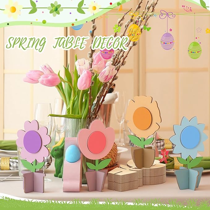 MotiMind 60 Pcs Spring Crafts Set 48 Pcs 3D Wooden Flower Cutouts Unfinished Tulip Slices Wood Daisy to Paint with 12 Colored Pens for Mother's Day Summer Floral Handmade Craft DIY Project