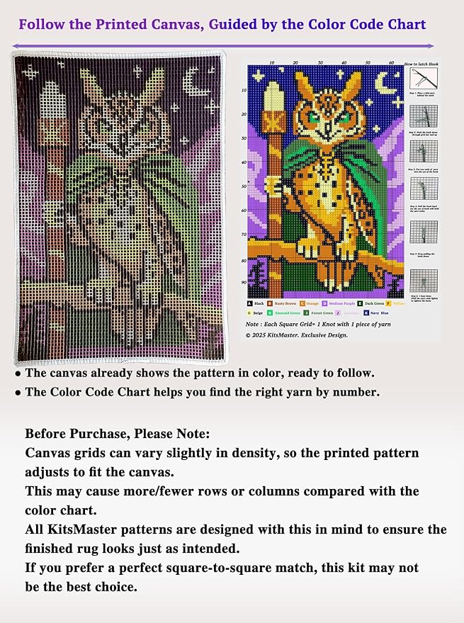 KitsMaster Owl Wizard Latch Hook Kit - Woodland Animal Rug DIY with Pre-Printed Canvas, Moon & Stars Design, Easy Craft Kit, 23.6''x15.8'' (Whimsical Forest Watcher)