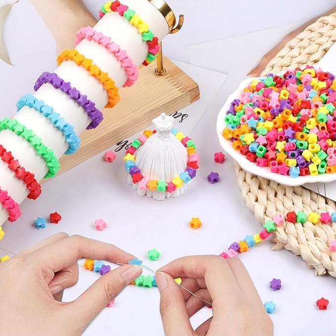 Star Pony Beads for Bracelets - 1000 Pcs, 6x9mm Plastic Stars in 8 Colors for Jewelry Making