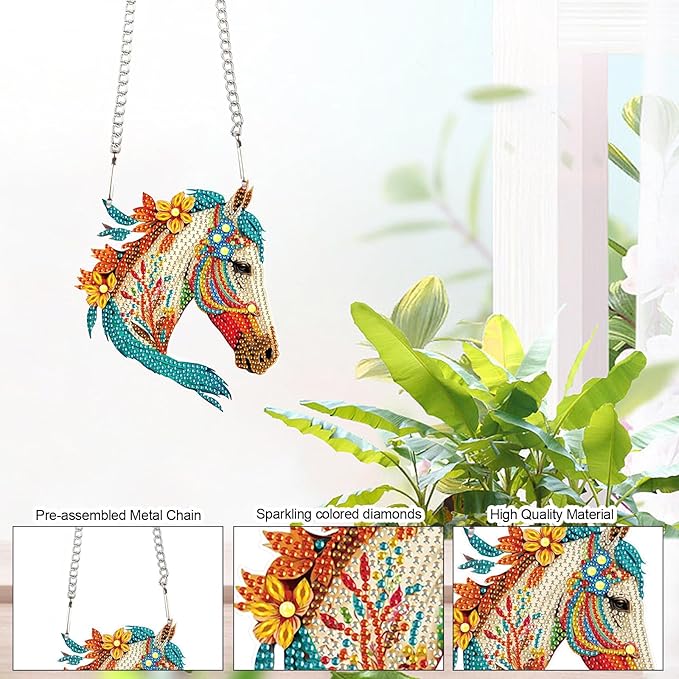 AiYuanzsh DIY Diamond Art Painting Hanging Sign Set Diamond Art Hanging Wall Art Horse's Head DIY 5D Crystal Rhinestone Pendant Kits for Wall Door Window Decorations
