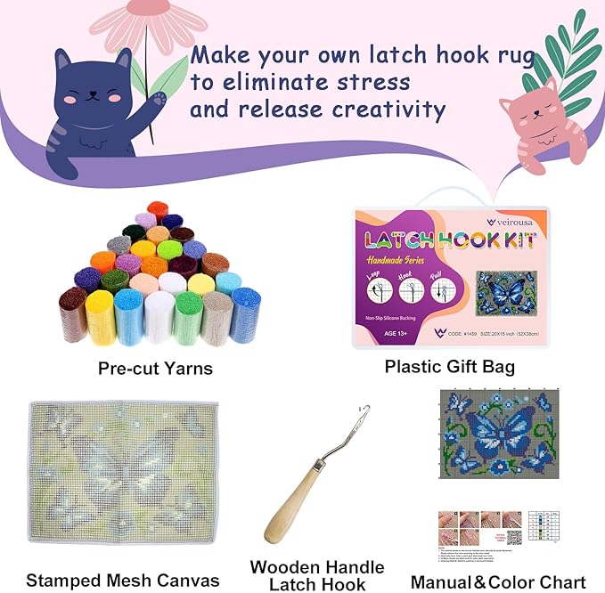 veirousa Blue Butterfly Latch Hook Kit for Adults Beginners, Pre-Printed Latch Hook Rug Kit, DIY Carpet Making Set for Home Wall Hanging Art Decoration 20x15 Inch