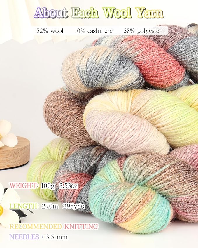 Katech Wool Yarn for Crocheting- 10.58 oz/ 300g Gradient Yarn Wool 52%, Cashmere 10%, Polyester 38%, 885 yds/ 810m Multi Colored Yarns Cashmere Yarns for Knitting Socks Sweater Shawl-Green Brown