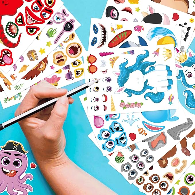 48 sheets make a face stickers for kids, make your own animal mix and match sticker sheets with safaris, sea and fantasy animals party favors supplies
