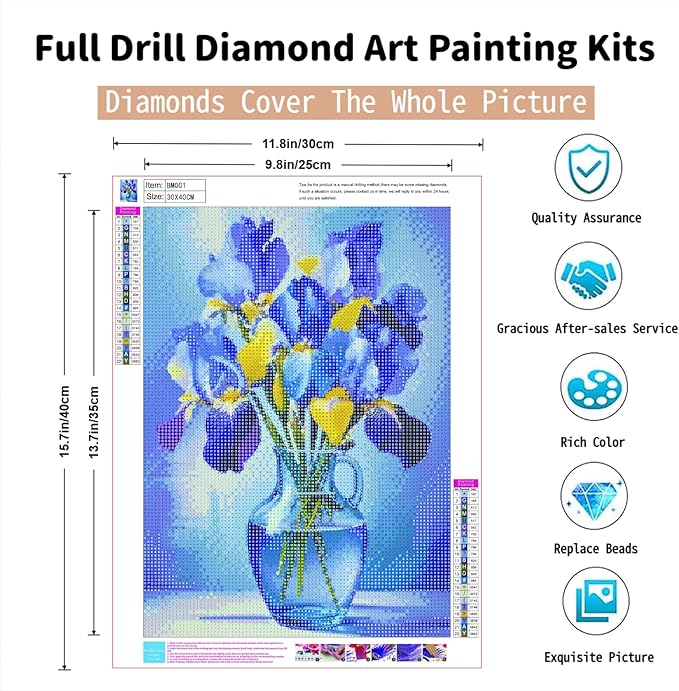 PINFFSHU Flowers Diamond Art Kits for Adults, Stunning Iris Bouquet in Glass Vase Diamond Painting Kits with Full Drill,5D Diamond Painting DIY Gem Art and Crafts for Home Wall Decor Gifts12x16 inch