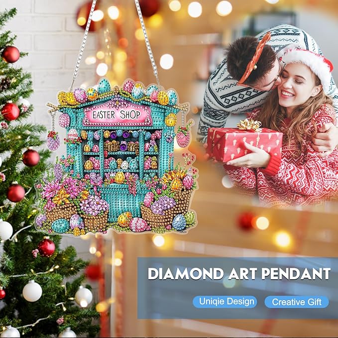 NEWENMO Diamond Art Kit for Adult, Easter Shop, Diamond Art Painting Double Sided Window Pendants for Home Garden Wall Hanging, DIY Special Shaped Gem Hanging Ornaments, Easter Basket Egg