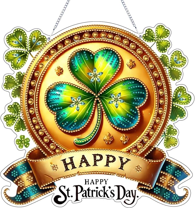 VODAPYC Saint Patrick's Day Diamond Art Hanging Kits for Adults, DIY Double Sided Special Shaped Diamonds Art Window Pendant Ornament for Home Decor(Clover Wreath)