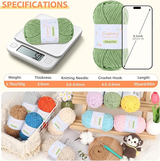 Coopay Chenille Yarn for Crocheting, 8 Pack Medium Weight Yarn - CYC #4 - Total 520yd, Soft Crochet Yarns for Plush Toys, Blankets, Scarves (Green)