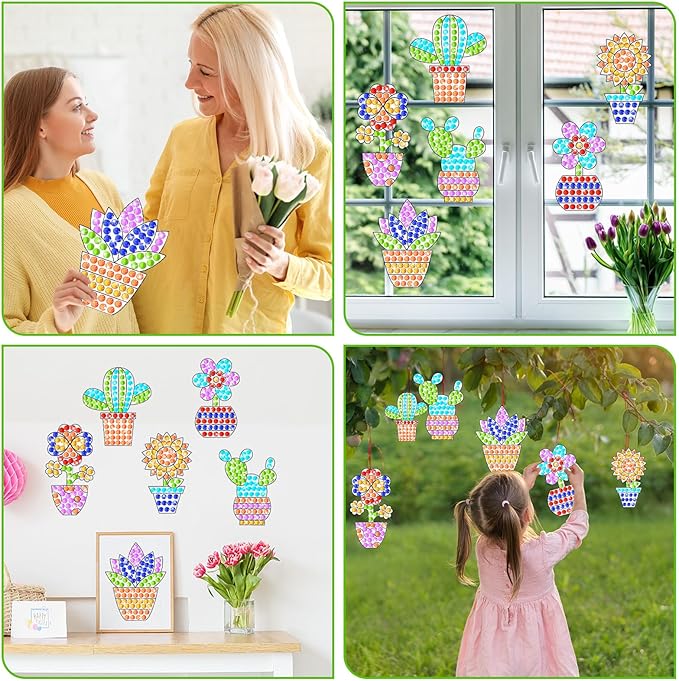 Qyeahkj 6 Pcs Spring Arts Crafts DIY Flower Potted Gem Diamond Suncatcher Craft Plant Diamond Painting Gifts Exchange Home Activity Game Party Decor