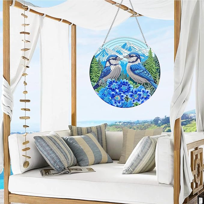 VAIIEYO Bird Diamond Art Hanging Ornament, Flower Diamond Painting Suncatchers Window Hanging Kit with Chain, 7.5x7.5 inch Crystal Pendant Art Craft for Gift Home Wall Front Door Outdoor Decoration