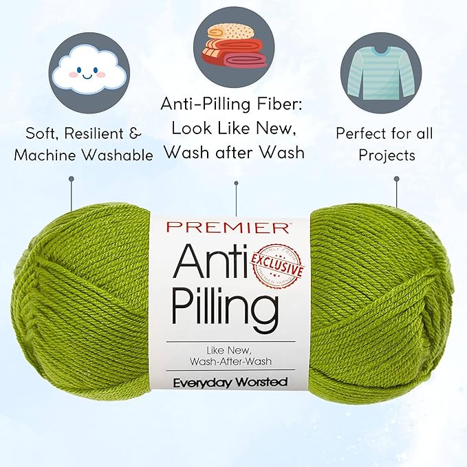 Premier Yarns Everyday Anti-Pilling Solid Kiwi DN100-16 (3-Skeins - Same Dye Lot) #4 Worsted Weight Acrylic Yarn for Crocheting and Knitting with Project Bag