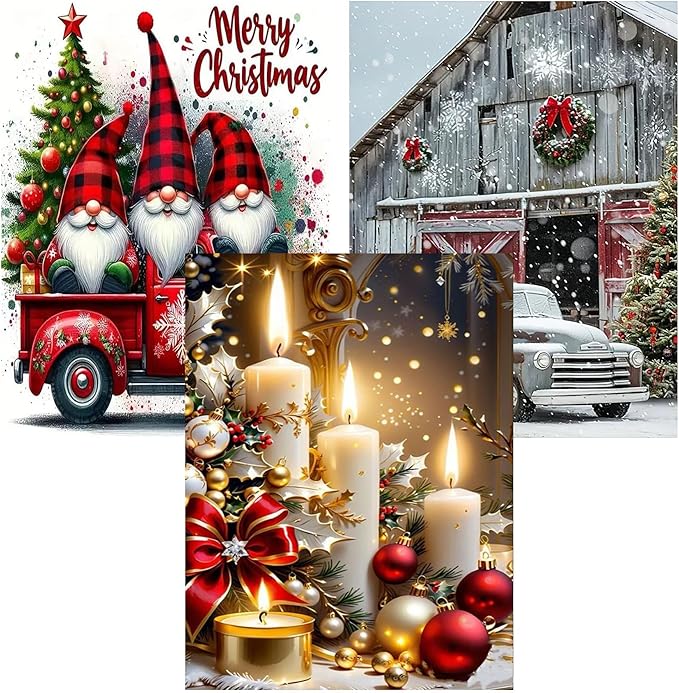 Meothan Christmas Diamond Art Kits for Adults - 3 Pack Diamond Painting Kits for Adults, 5D Round Full Drill Gem Art Paint by Diamonds Dots DIY Crafts Kits 12x16inch (Candle Gnomes and Truck)