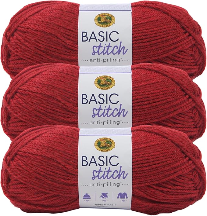 Lion Brand Yarn Basic Stitch Anti-Pilling Yarn for Crocheting, Knitting, and Crafts, Red Heather, 3 Pack
