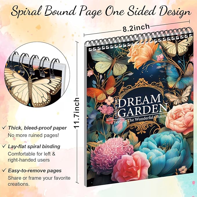 2Pcs Coloring Books for Adults Relaxation Coloring Book for Women Spiral Bound Printed On One Side, Adult Coloring Book for Women with 48 Patterns, Anxiety Relief Gifts(Mandala & Dream Garden)