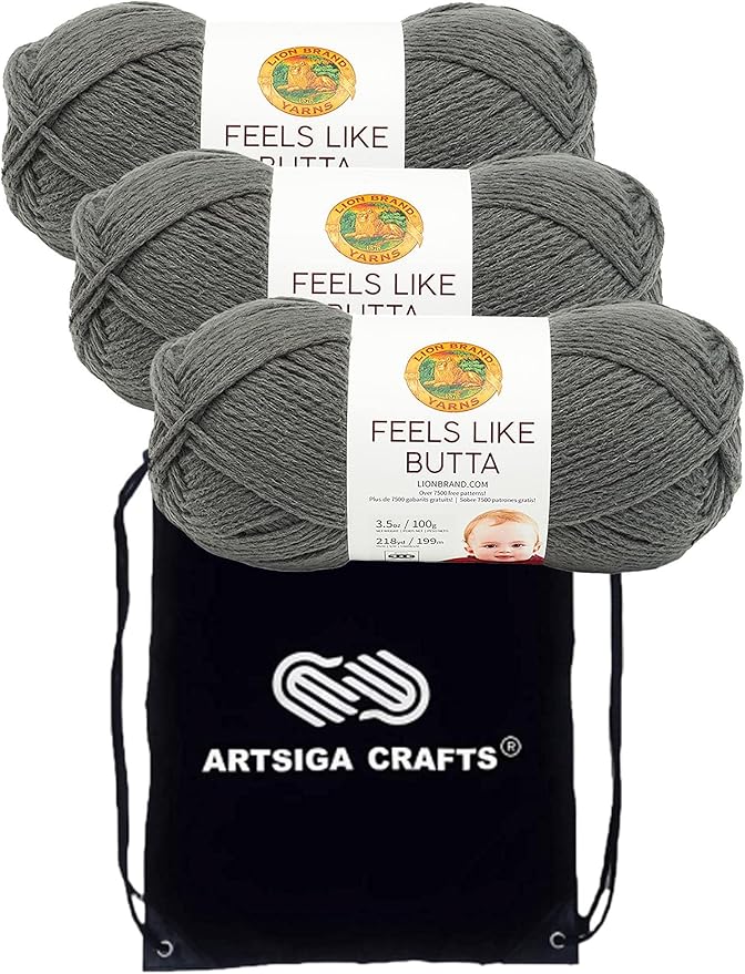 Lion Brand Feels Like Butta Charcoal 215-150 (3-Skeins - Same Dye Lot) Worsted Medium #4 Polyester Yarn for Crocheting and Knitting with Project Bag
