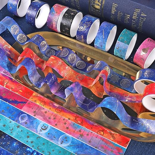 Galaxy Purple Washi Tape - Gold Foil Washi Masking Tape with Constalation, Blue Sky, Moon, Star, Celestial, Perfect for Bullet Journal, DIY Crafts