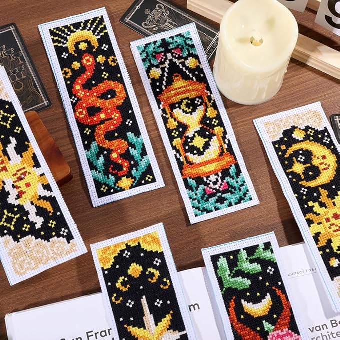 ORIGACH 6 Pcs Cross Stitch Bookmark Kit for Beginner Adults, Tarot The Sun and Star Stamped Embroidery Bookmark Kit with Instruction for Starters Printed Cross Stitch DIY Kits for Book Lovers