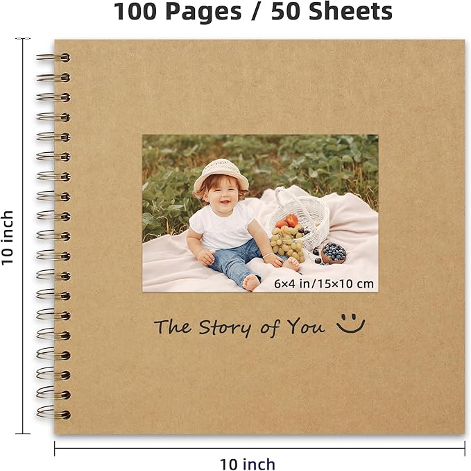 10 x 10 Inch DIY Scrapbook Photo Album Hardcover Kraft Blank Page Acid-Free, 100 Pages (50 Sheets) Memory Book for Wedding Anniversaries Family Baby Memories Small Scrapbooking Projects, Yellow