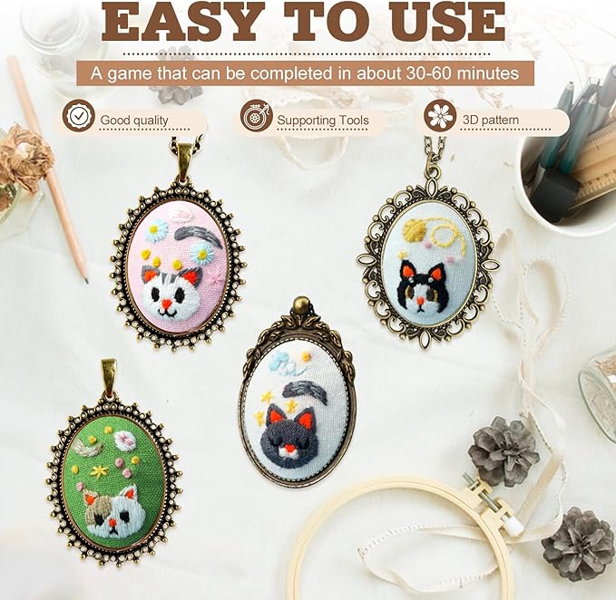 ZOCONE New 4 Packs Embroidery Necklace Kits, Embroidery Pendant Kit Mini Cross Stitch Kit with Hoop, Necklace, Pendant, Stamped Pattern Cloth, Instructions, etc., Embroidery Kits for Adults