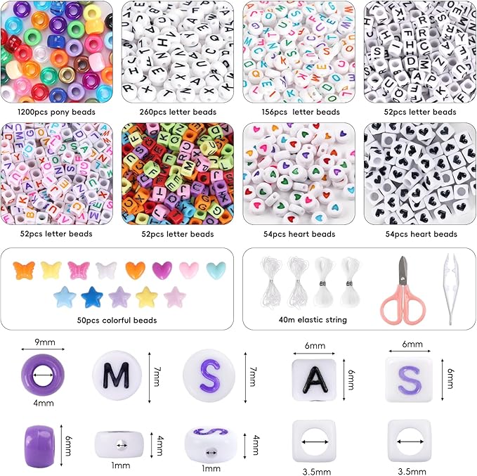 QUEFE 1900pcs,48 Colors, Pony Beads Bracelet Making Kit, Rainbow Kandi Beads Friendship Bracelet Kit, Letter Beads For Jewelry Making with Elastic Strings for Bracelet Necklace Making, Craft Gifts Set