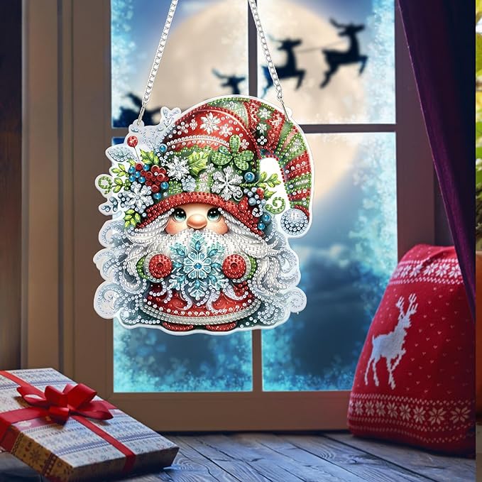 Bowetile Christmas Diamond Art Hanging Kits for Adults, Gnome Diamond Art Suncatchers, 5D Special Shape Diamond Painting Pendant Window Ornament Christmas Gifts for Home Door Wall Decor