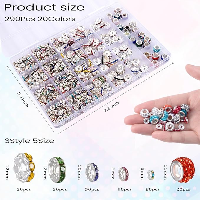 290PCS 6 Styles Rondelle Spacer Beads for Jewelry Making, 6mm, 8mm, 10mm, 11mm, 12mm Rhinestone Spacer Beads for Beaded Pens, Multicolor Crystal Bead Spacers for DIY Crafts
