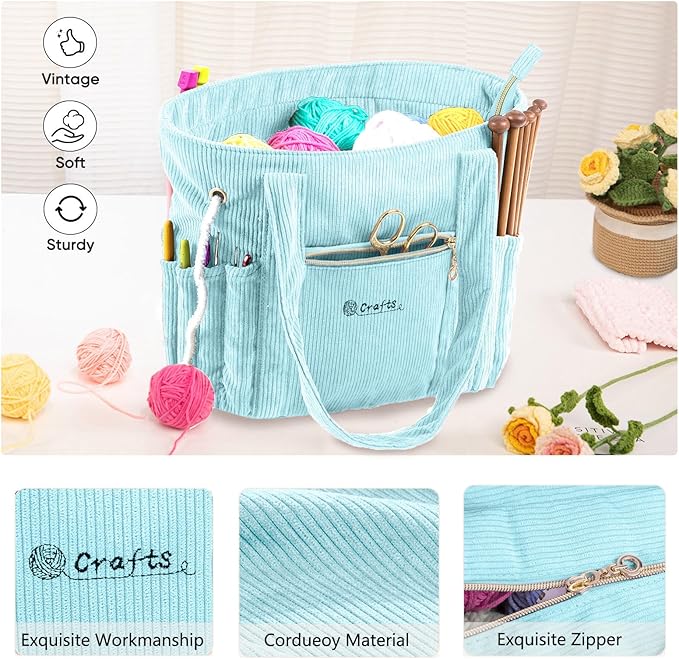 Corduroy Crochet Bag 11.5" Large Yarn Storage Tote with Grommets, Needle Holders – Knitting Bag Organizer for Crochet Hooks, Accessories, Tools & Projects –Gift for Knitters & Crafters
