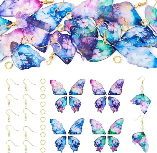 FASHEWELRY 16Pcs Resin Butterfly Wing Charms for Jewelry Making, Glitter Flower Print Colorful Insects Wing Pendant Earrings Making Kit Earring Hook Jump Rings